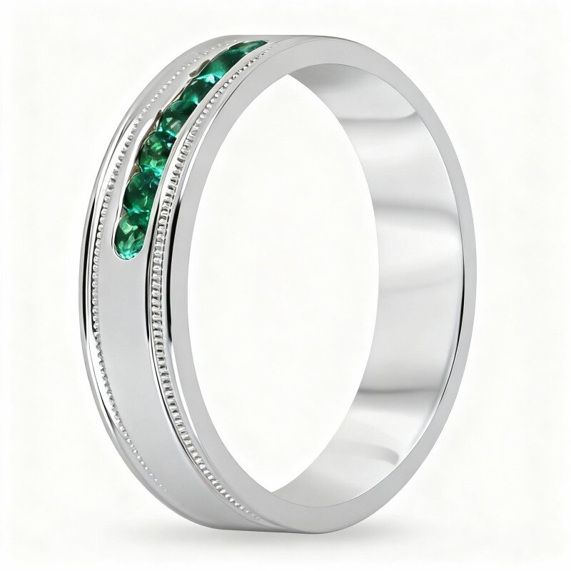Aliança de casamento personalizada em ouro branco de 10 quilates com esmeralda de lapidação redonda-9