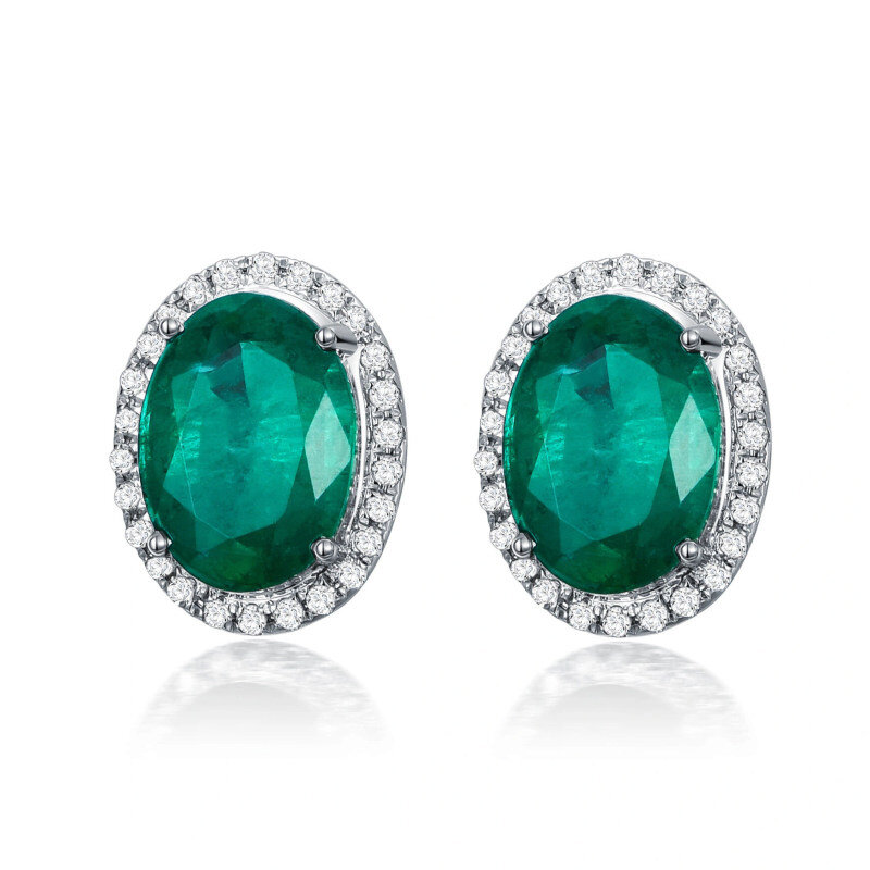 Platinum with White Gold Plated Round Cut Emerald Round Stud Earrings-1