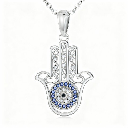 Colar com pendente Olho Grego e Mão de Hamsa em ouro branco de 10 quilates com zircónias cúbicas de corte redondo