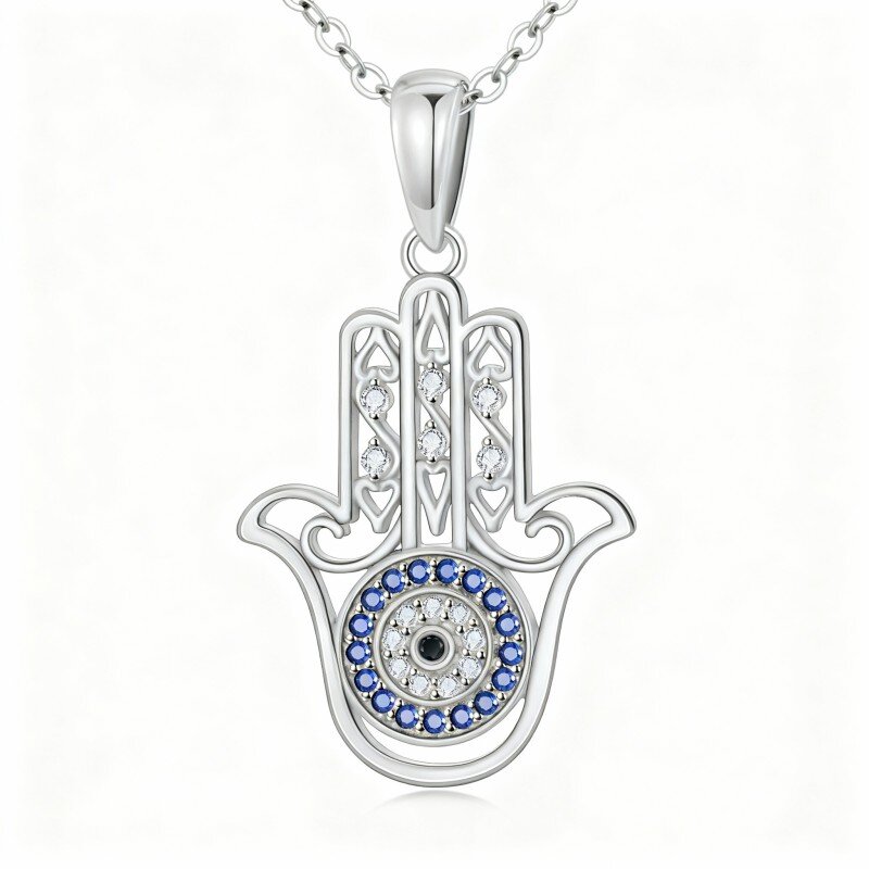 10K White Gold Round Cut Cubic Zirconia Evil Eye & Hamsa Hand Pendant Necklace-8