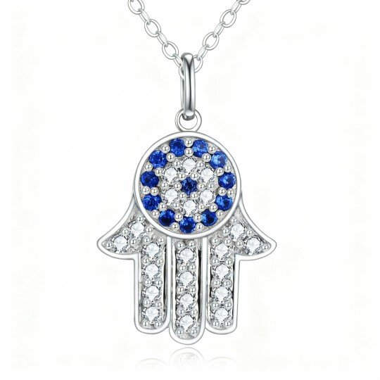 Colar com pendente Olho Grego e Mão de Hamsa em ouro branco de 10 quilates com zircónias cúbicas de corte redondo