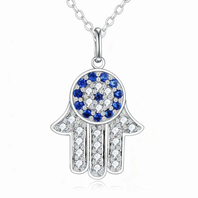 Colar com pendente Olho Grego e Mão de Hamsa em ouro branco de 10 quilates com zircónias cúbicas de corte redondo-9
