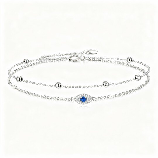 10Kホワイトゴールド ラウンドカット キュービックジルコニア イーブルアイ マルチレイヤー チャーム アンクレット