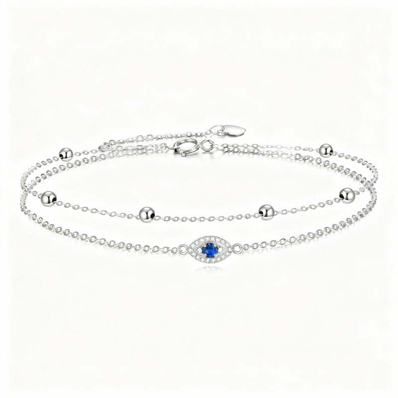 10K White Gold Round Cut Cubic Zirconia Evil Eye Multi-layered Charm Anklet-18