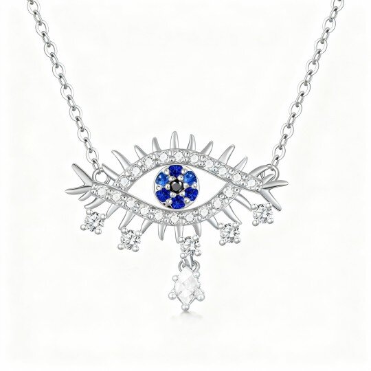 Colar com pendente de olho grego em ouro branco de 10 quilates com zircónia cúbica de corte redondo