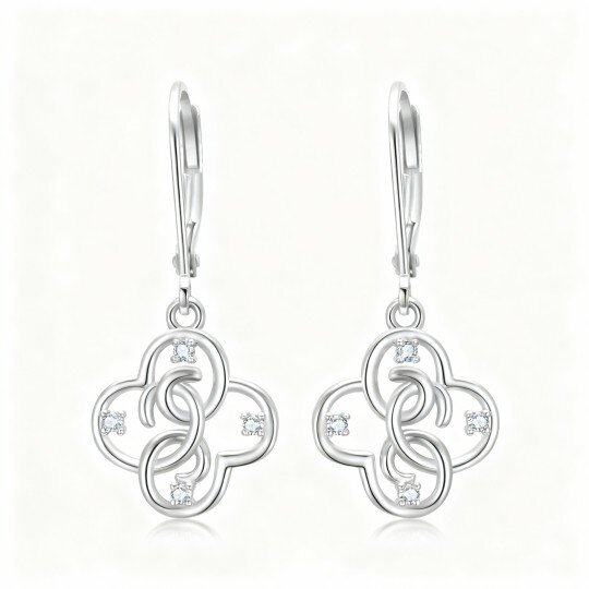 Pendientes de oro blanco de 10 quilates con circonitas cúbicas de talla redonda en forma de trébol de cuatro hojas y cierre de palanca