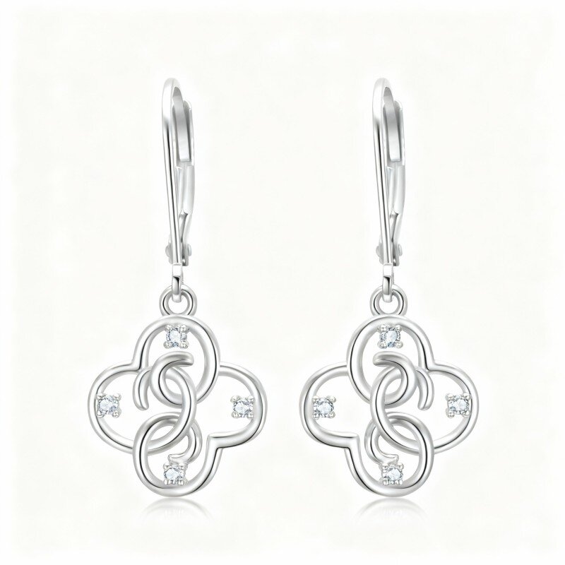 Brincos de trevo de quatro folhas em ouro branco de 10 quilates com zircónias cúbicas de corte redondo e fecho de alavanca.-6