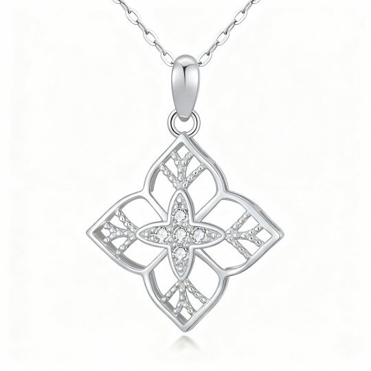 Colar com pendente de trevo de quatro folhas em ouro branco de 10 quilates com zircónia cúbica de corte redondo