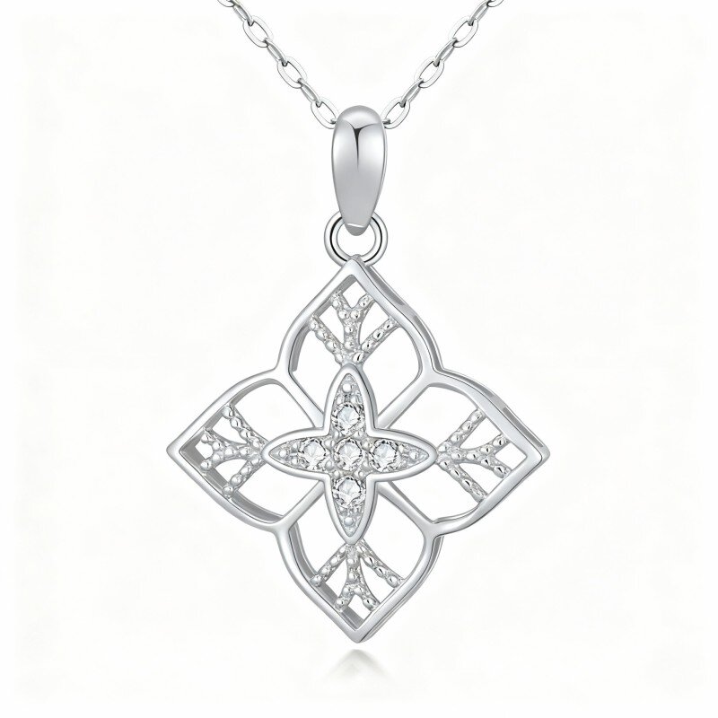 Colar com pendente de trevo de quatro folhas em ouro branco de 10 quilates com zircónia cúbica de corte redondo-6