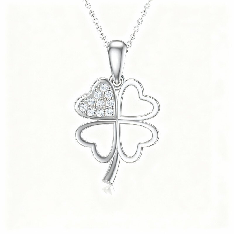 10K White Gold Round Cut Cubic Zirconia Four Leaf Clover Pendant Necklace-1