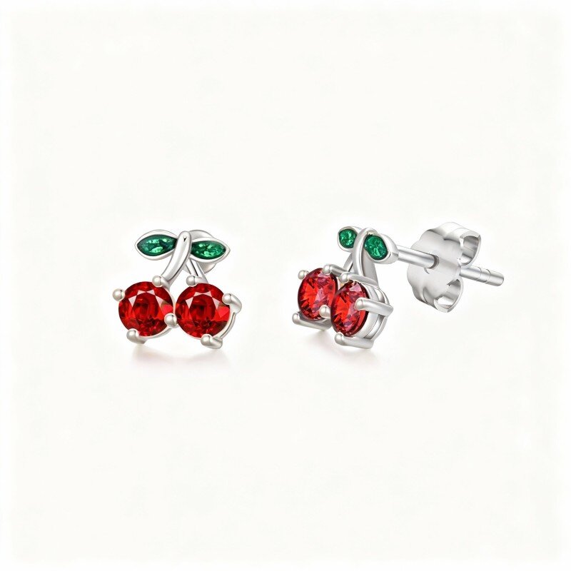14K White Gold Round Cut Garnet Cherry Stud Earrings-1