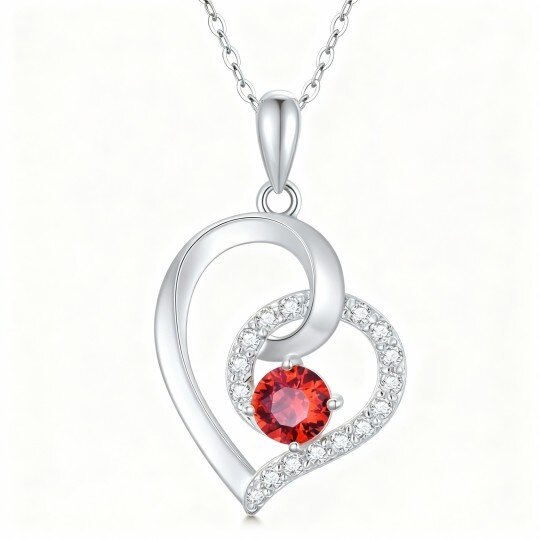 Collier pendentif cœur en or blanc 10 carats avec zircon cubique rond et grenat