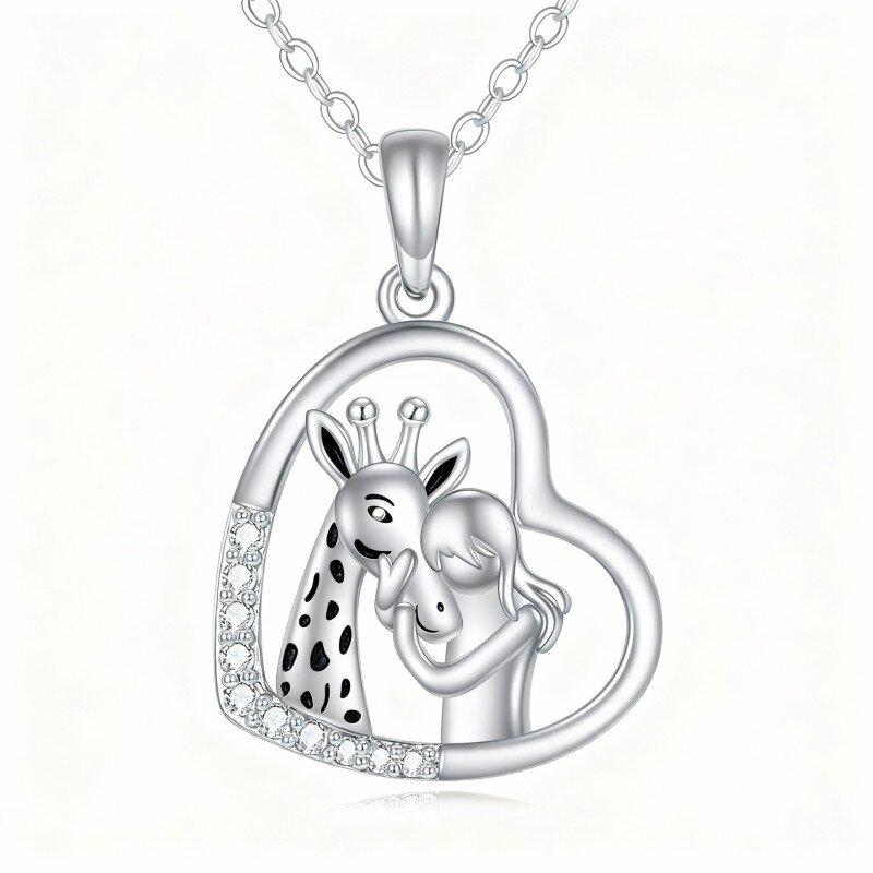 Colar com pendente de girafa e coração em ouro branco de 10 quilates com zircónias cúbicas de corte redondo-11