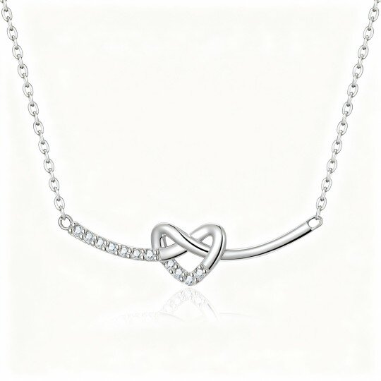 10K White Gold Round Cut Cubic Zirconia Heart Bar Necklace