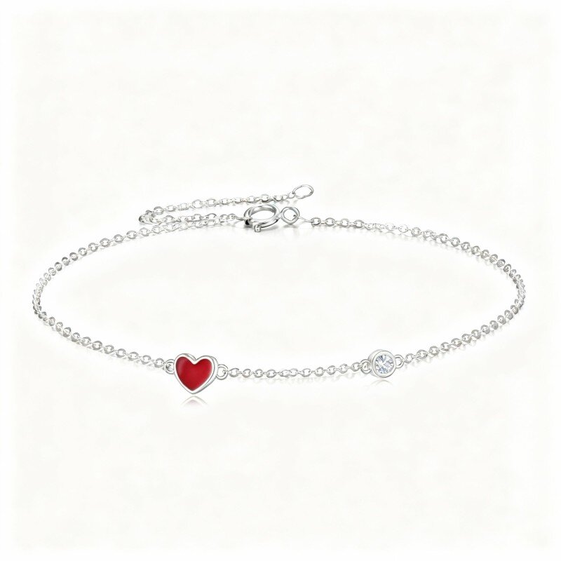 10K White Gold Round Cut Cubic Zirconia Heart Charm Bracelet-11
