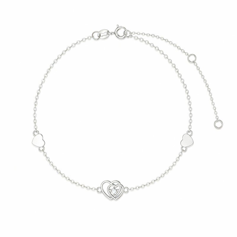 10K White Gold Round Cut Cubic Zirconia Heart Charm Bracelet-13