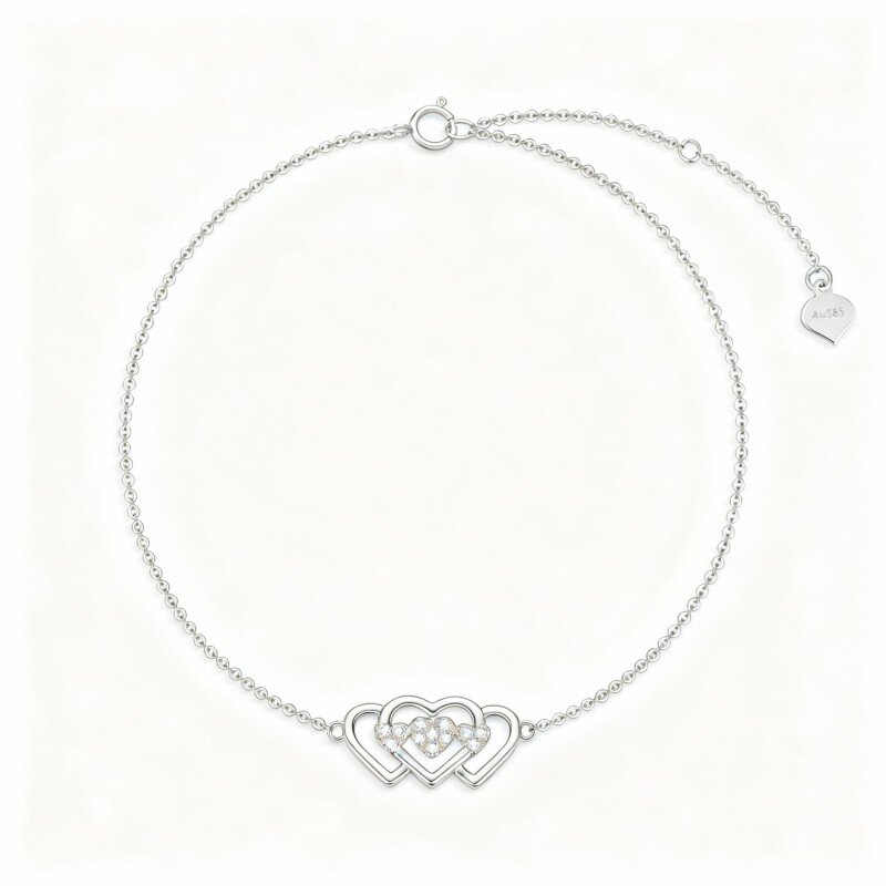 Pulseira em ouro branco de 10 quilates com pendente de coração cravejado com zircónias cúbicas de corte redondo.-4