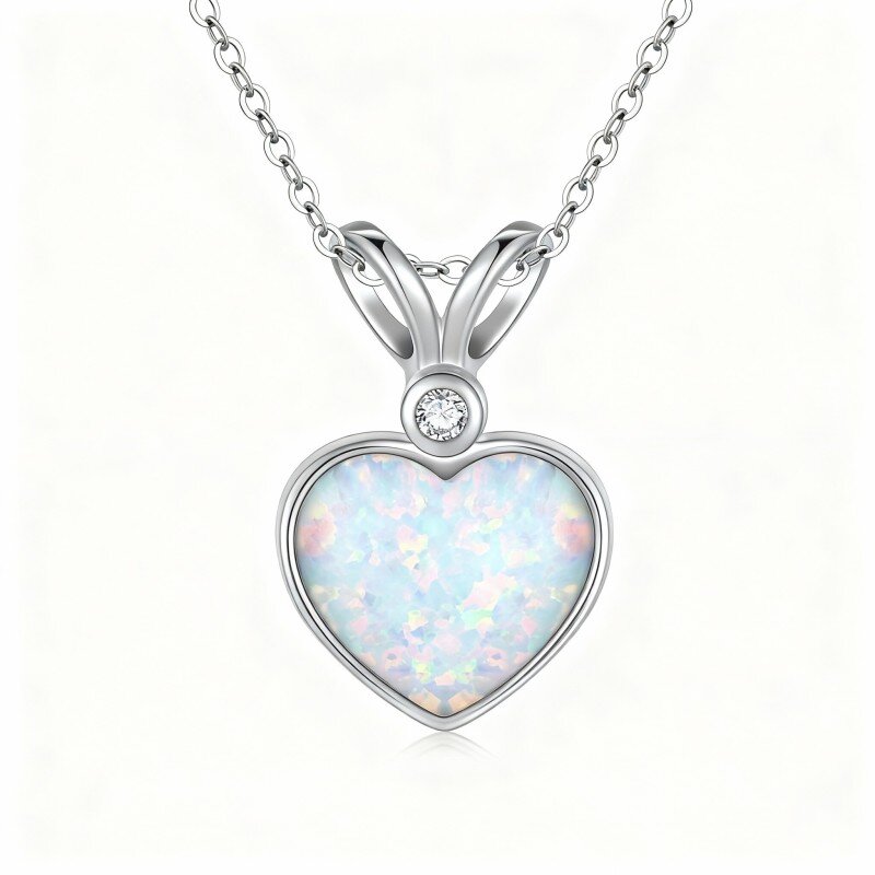10K White Gold Round Cut & Heart Cut Diamond & Opal Heart Pendant Necklace-11