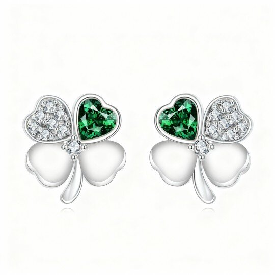 10K White Gold Round Cut & Heart Cut Cubic Zirconia Four Leaf Clover Stud Earrings