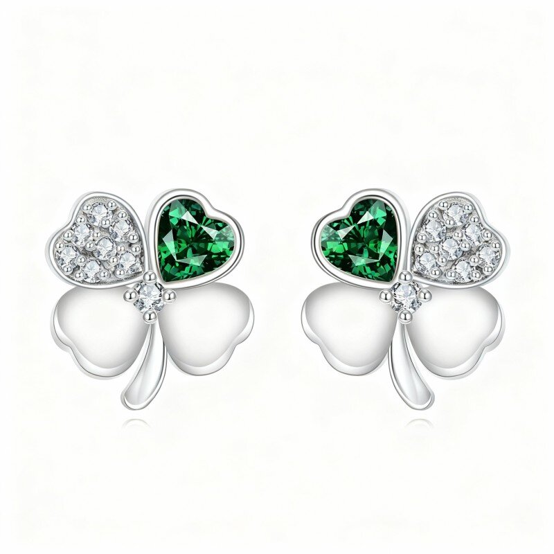 10K White Gold Round Cut & Heart Cut Cubic Zirconia Four Leaf Clover Stud Earrings-1