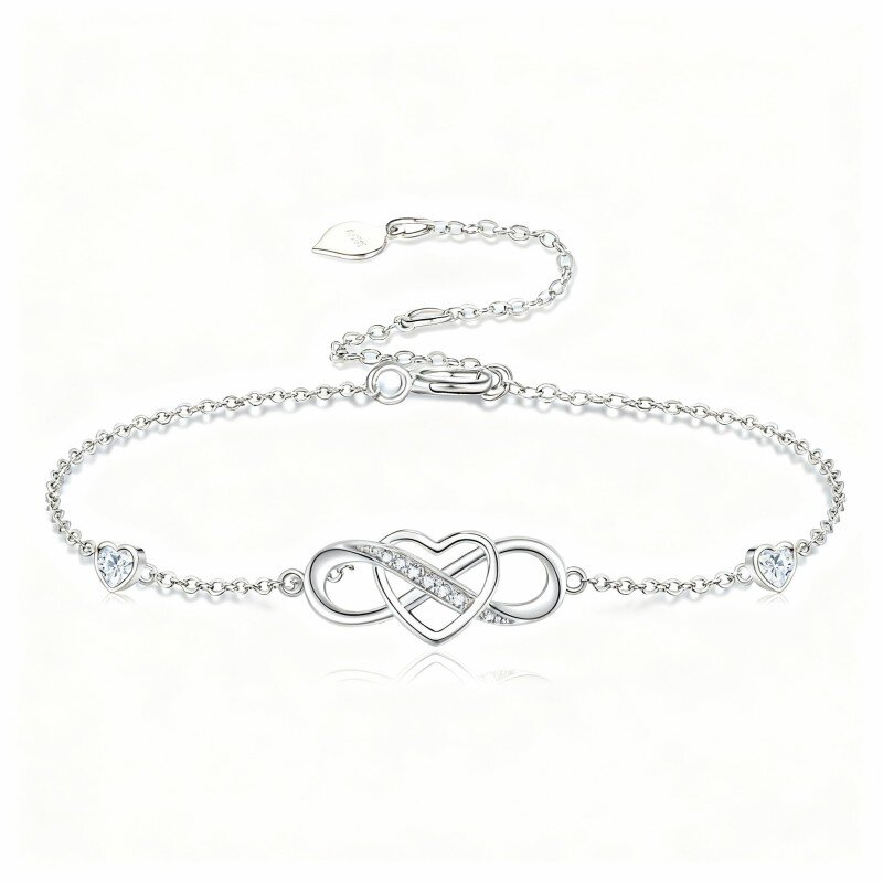 14K White Gold Round Cut & Heart Cut Cubic Zirconia Heart & Infinity Symbol Charm Bracelet-1