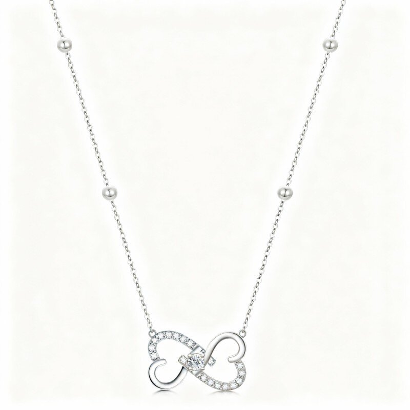 Colar com pendente coração e símbolo do infinito em ouro branco de 10 quilates com zircónias cúbicas de corte redondo-5