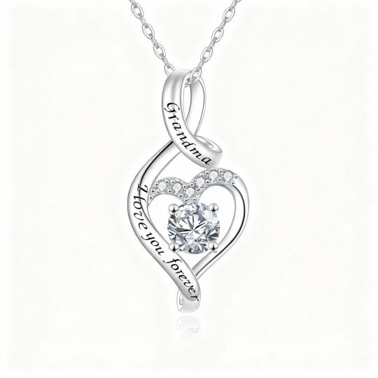 Halskette mit Anhänger aus 10-karätigem Weißgold, besetzt mit runden Zirkonia in Herz- und Unendlichkeitssymbol und graviertem Wort