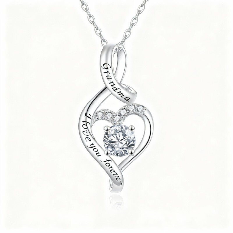 Collar con colgante de corazón y símbolo de infinito en oro blanco de 10 quilates con circonita cúbica de talla redonda y palabra grabada-18