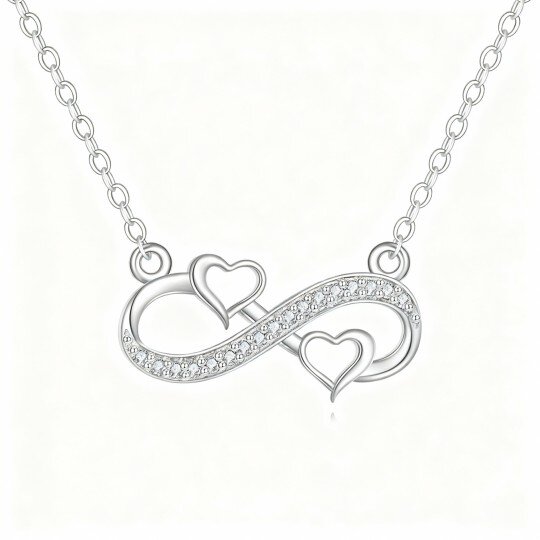 Colar com pendente coração e símbolo do infinito em ouro branco de 10 quilates com zircónias cúbicas de corte redondo