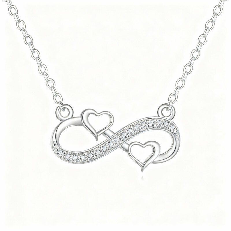 10K White Gold Round Cut Cubic Zirconia Heart & Infinity Symbol Pendant Necklace-13