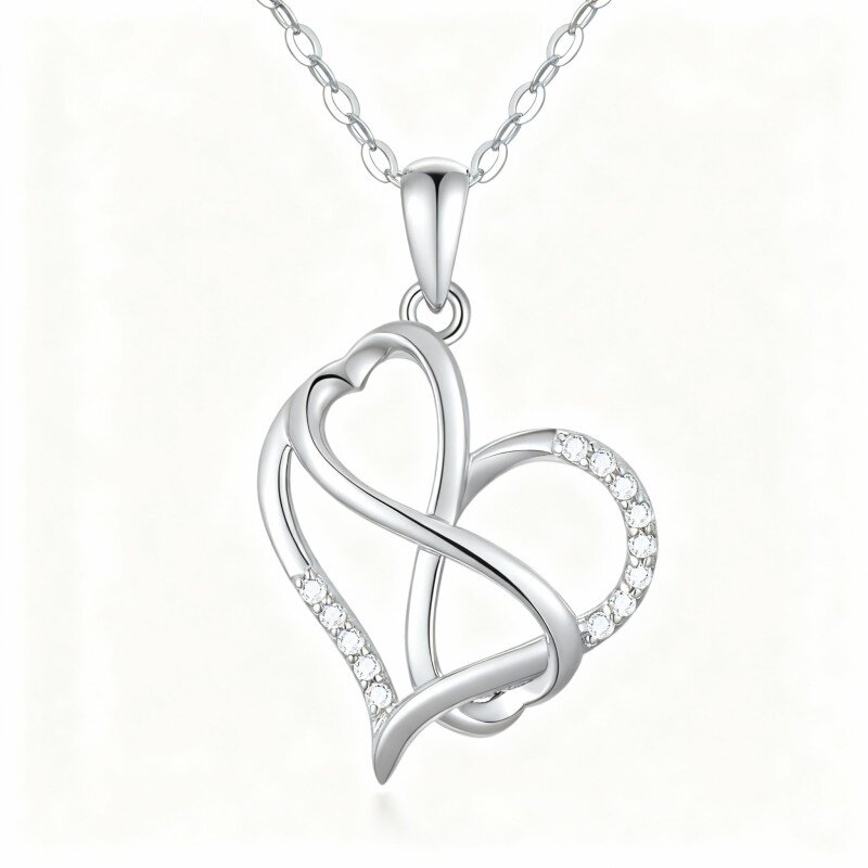Collar con colgante de corazón y símbolo de infinito en oro blanco de 10 quilates con circonita cúbica de talla redonda-17