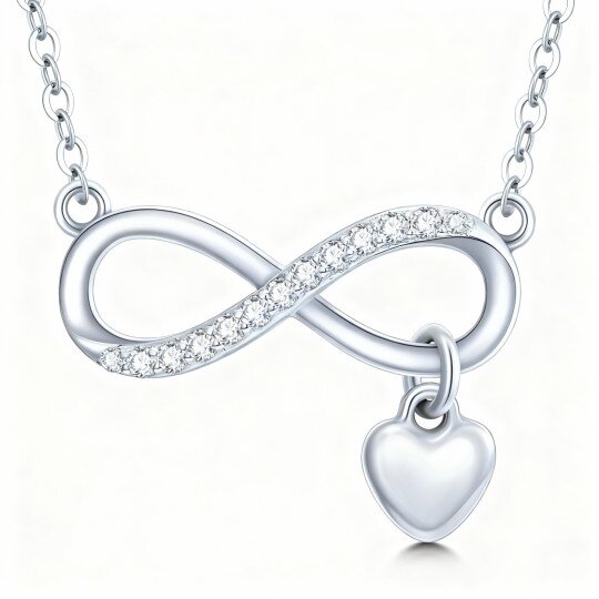 10K White Gold Round Cut Cubic Zirconia Heart & Infinity Symbol Pendant Necklace