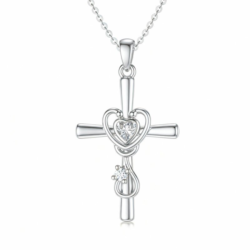 10K witgouden ronde en hartvormige geslepen kubieke zirkonia en moissaniet kruis-, hart- en stethoscoophangerketting-15