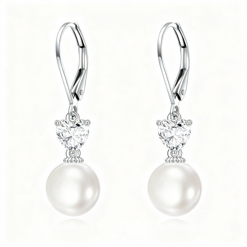 أقراط من الذهب الأبيض عيار 10 قيراط، مرصعة بأحجار الموزانيت واللؤلؤ، مقطوعة بشكل دائري وقلب، مع رافعة خلفية-20