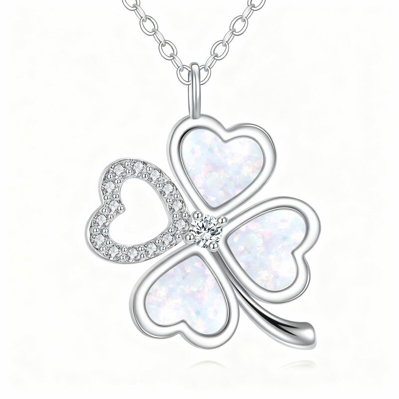 Colar com pendente de trevo de quatro folhas em ouro branco de 10 quilates com zircónias cúbicas de corte redondo e em forma de coração e opala.-12