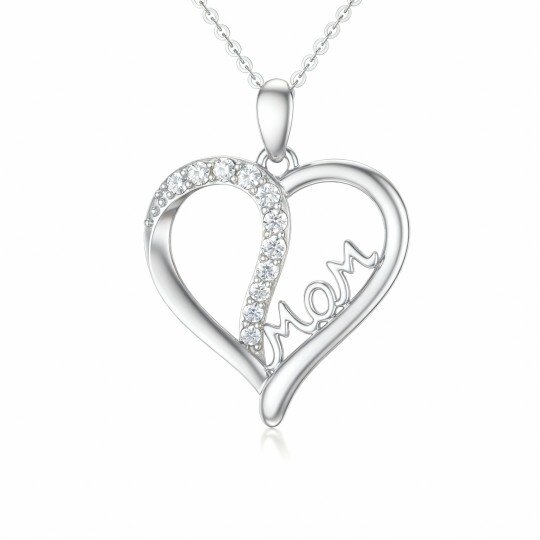 10K White Gold Round Cut Cubic Zirconia Heart Pendant Necklace with Engraved Word