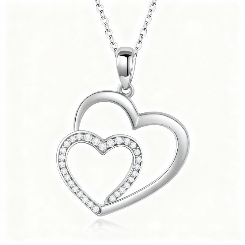 Colar com pendente coração em ouro branco 10K com zircónia cúbica de corte redondo-18