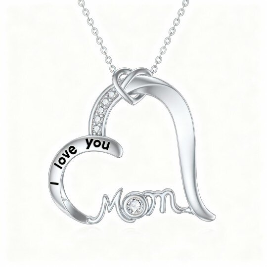 10K White Gold Round Cut Cubic Zirconia Heart Pendant Necklace with Engraved Word