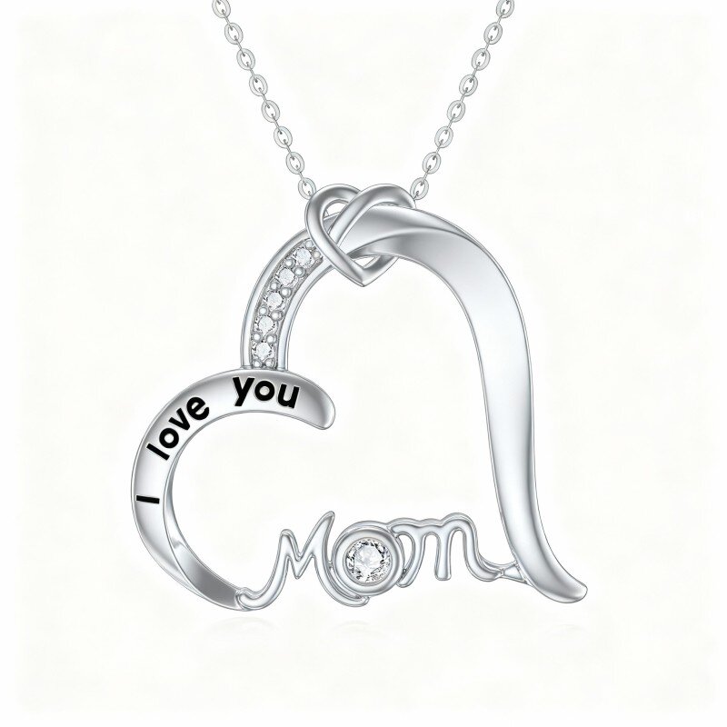 Colar com pendente de coração em ouro branco de 10 quilates com zircónia cúbica de corte redondo e palavra gravada.-6