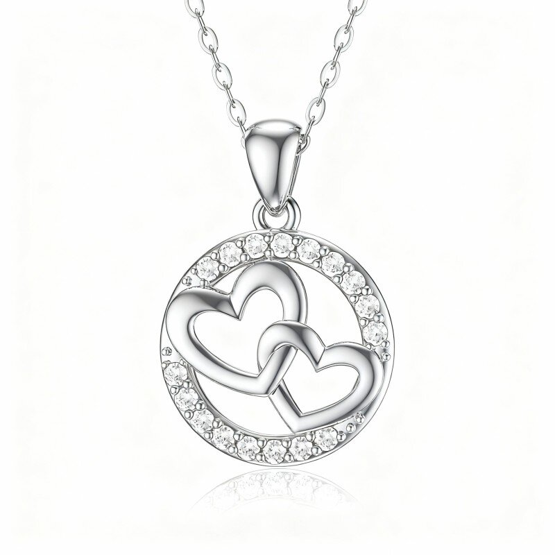 Colar com pendente coração em ouro branco 9K com zircónia cúbica de corte redondo-20