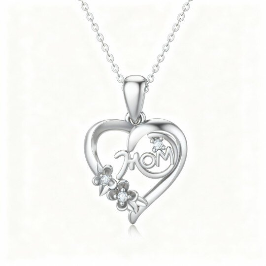10K White Gold Round Cut Cubic Zirconia Heart Pendant Necklace with Engraved Word