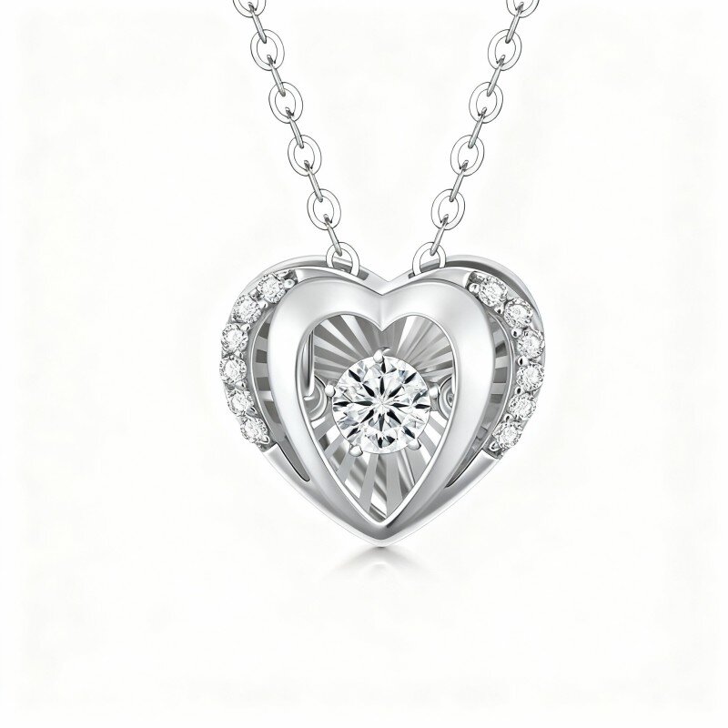 Colar com pendente coração em ouro branco 10K com zircónia cúbica de corte redondo-8