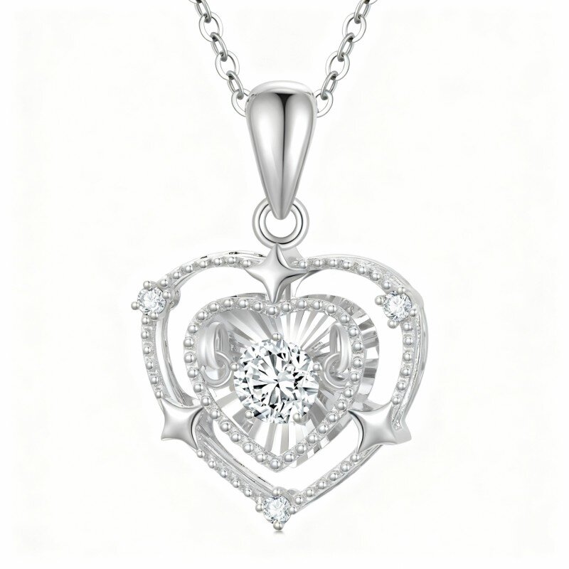 Colar com pendente coração em ouro branco 10K com zircónia cúbica de corte redondo-11