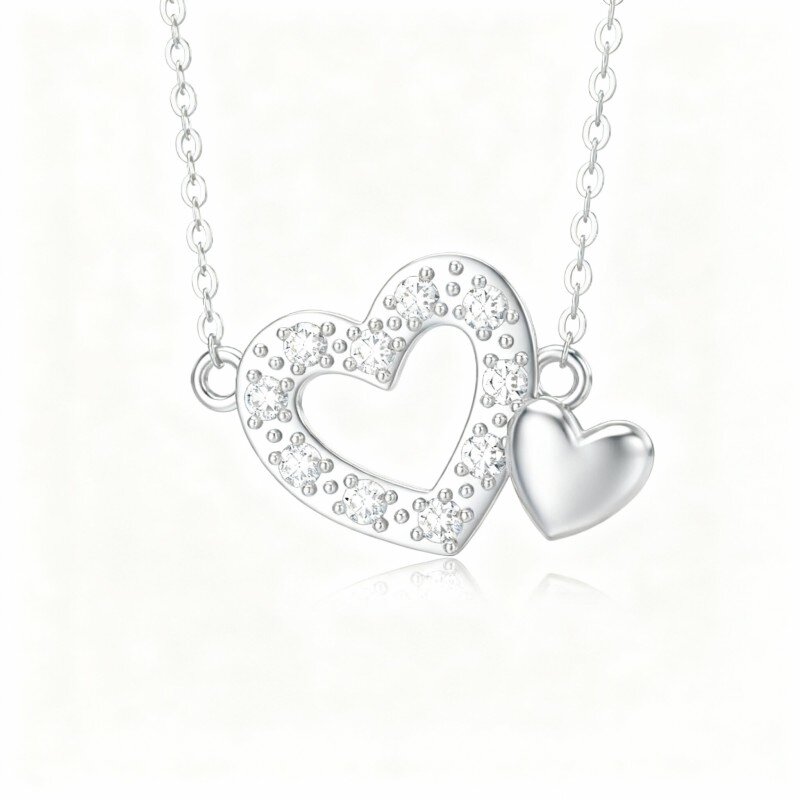 Colar com pendente coração em ouro branco 9K com zircónia cúbica de corte redondo-14