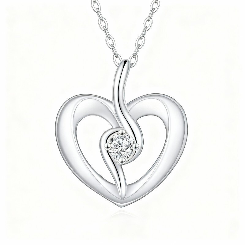 Halskette aus 18-karätigem Weißgold mit rundem Zirkonia-Herzanhänger-1