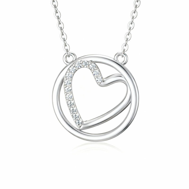 Naszyjnik z wisiorkiem w kształcie serca i okręgu z białego złota 10K z cyrkonii sześciennej-1