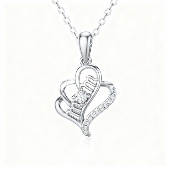 10K White Gold Round Cut Cubic Zirconia Heart Pendant Necklace with Engraved Word
