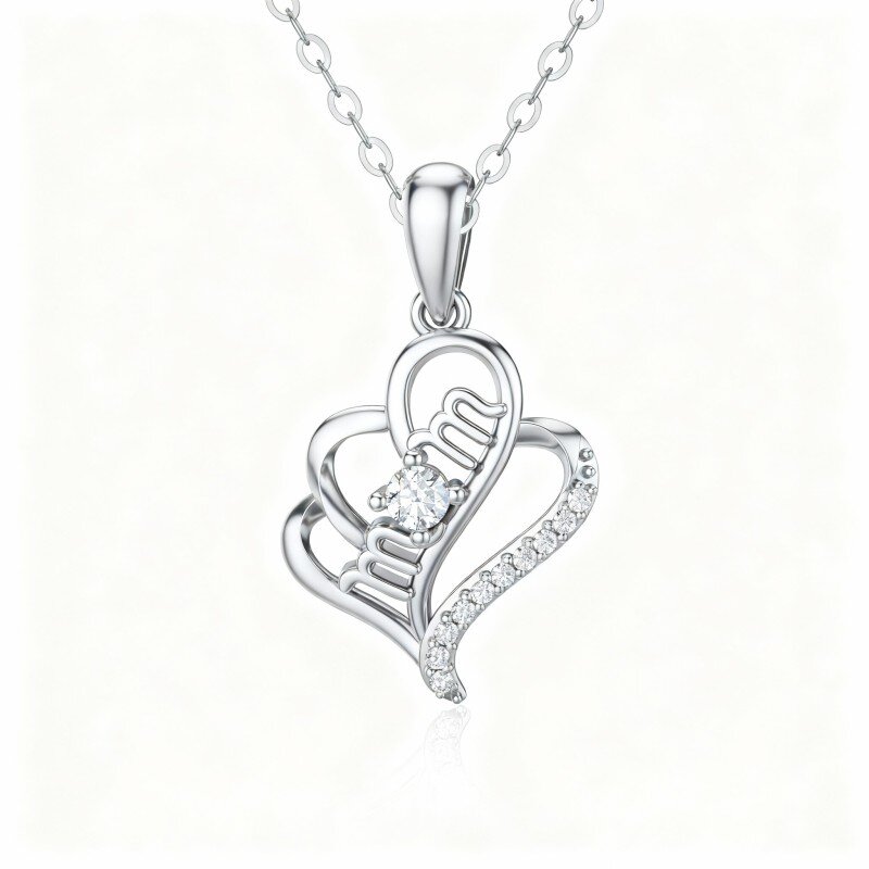 10K White Gold Round Cut Cubic Zirconia Heart Pendant Necklace with Engraved Word-1