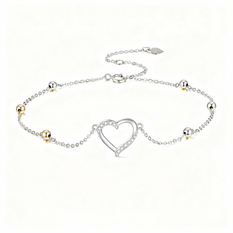 Tobillera de oro blanco de 10 quilates con dije de corazón de circonita cúbica de corte redondo y una sola capa-20