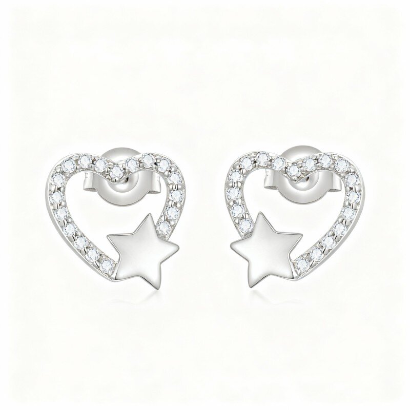 10K White Gold Round Cut Cubic Zirconia Heart & Star Stud Earrings-16